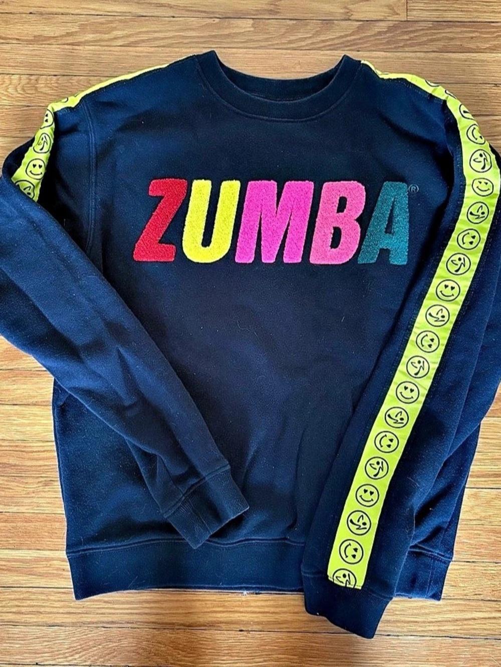 Zumba Black Rainbow Logo Crewneck Sweatshirt with Smiley Face Sleeves Small